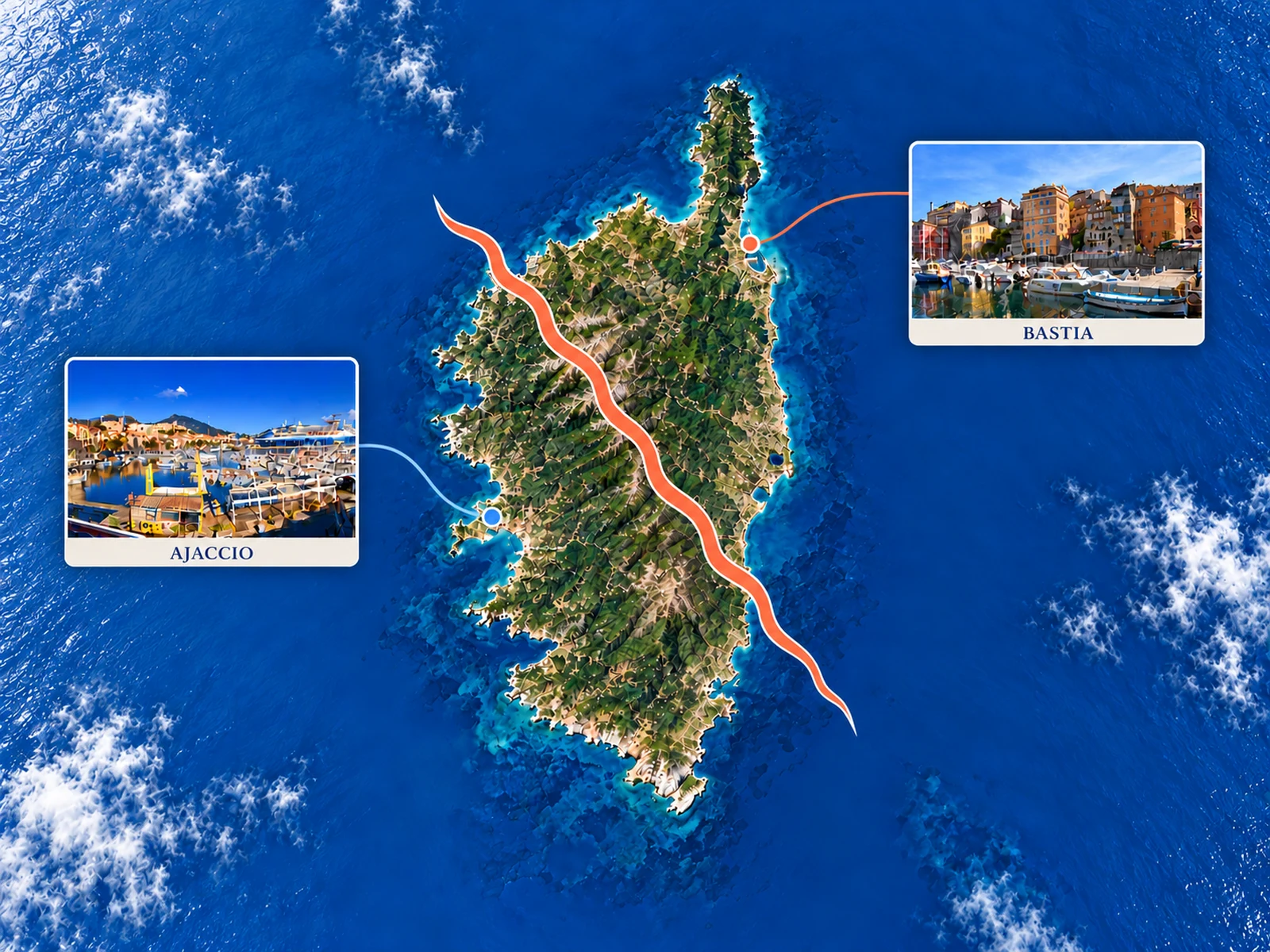 Vue aérienne illustrative de la Corse avec panneaux photographiques d’Ajaccio et Bastia et fracture graphique corail.