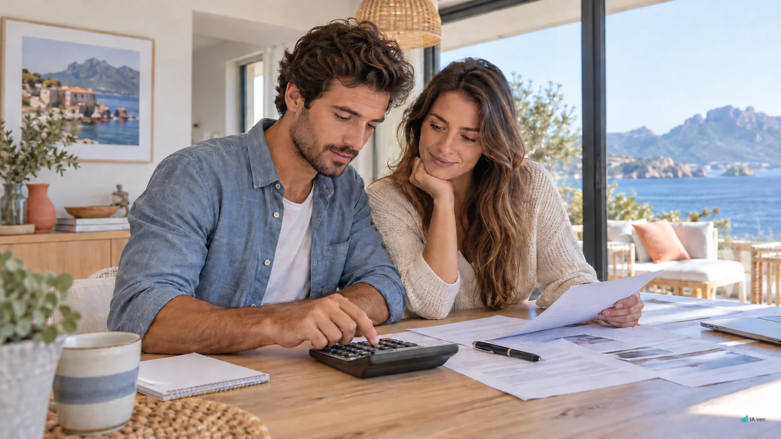 Illustration d’un jeune couple préparant son prêt immobilier avec une calculette et des documents de simulation.