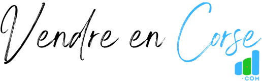 Logo Vendre en Corse, lettres manuscrites noires et bleues avec icône graphique.