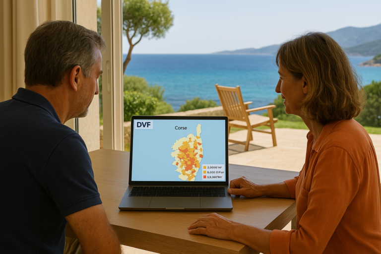 Couple devant leur ordinateur consultent la carte de la base DVF des valeurs foncières de la Corse, avec vue sur la mer Méditerranée.