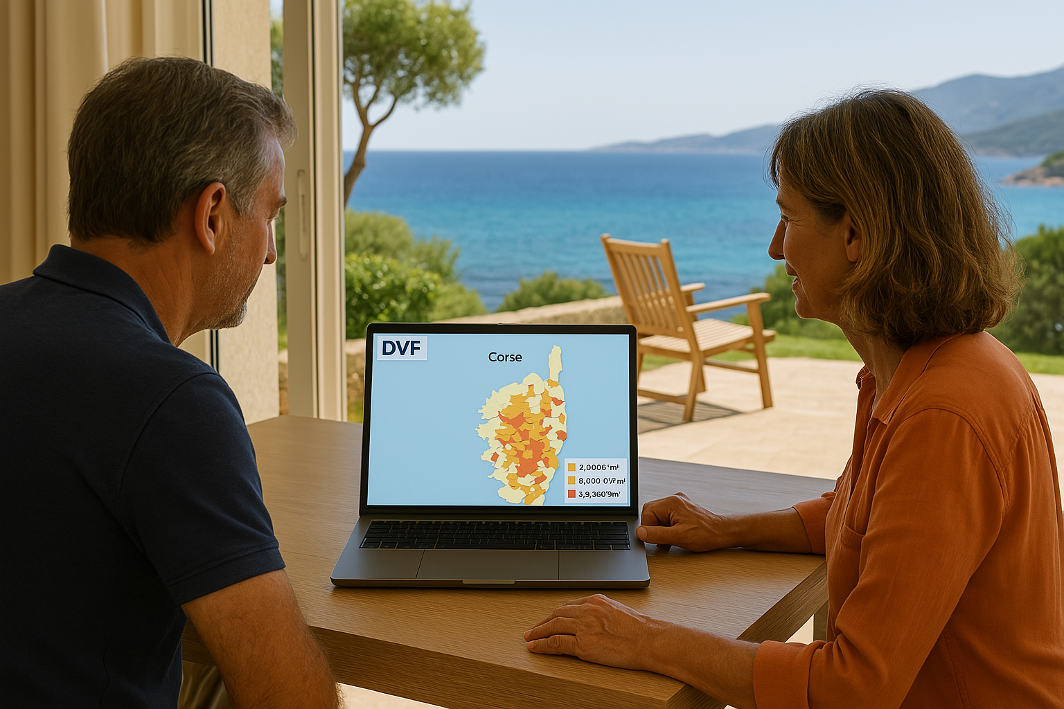 Couple devant leur ordinateur consultent la carte de la base DVF des valeurs foncières de la Corse, avec vue sur la mer Méditerranée.