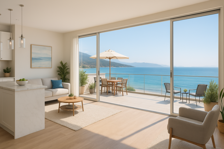 Appartement moderne en bord de mer en Corse avec terrasse offrant une vue sur la Méditerranée. L'intérieur est lumineux et minimaliste, avec des couleurs neutres et une ambiance aérée." Appartement bord de mer Corse
