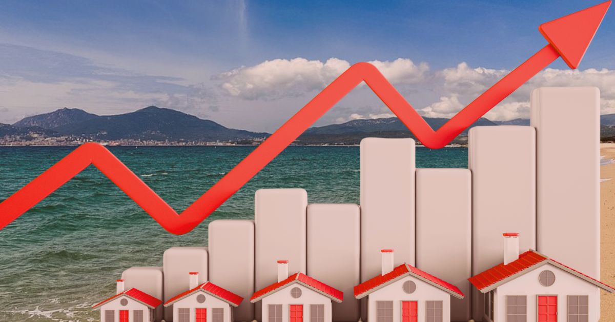 Porticcio : Infographie montrant un histogramme de barres blanches de hauteurs croissantes, des ventes de villas sur la commune de grosseto-prugna