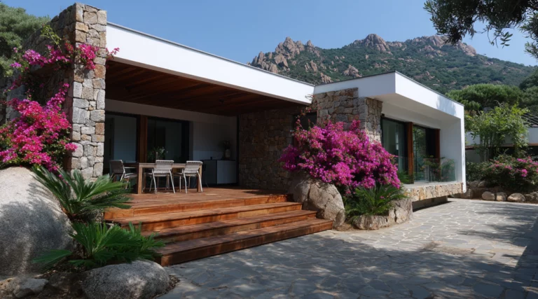 Terrasse moderne en pierre et bois avec bougainvilliers, villa contemporaine à Albitreccia avec vue sur les montagnes corses.