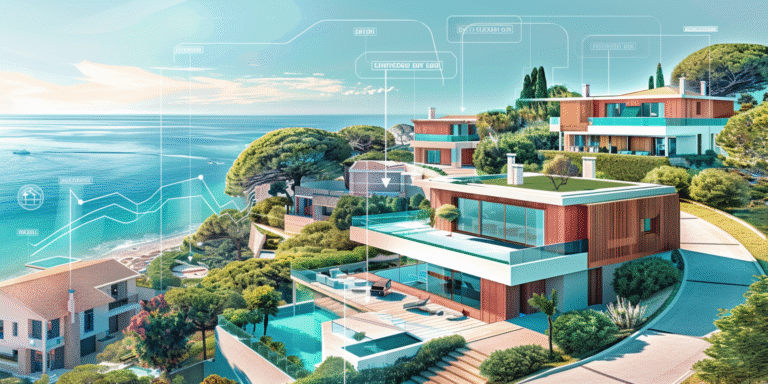 Appartements de luxe modernes en bord de mer avec infographiques et données superposées.