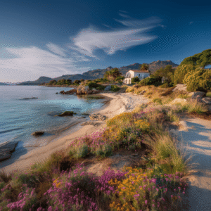 Maison blanche et palmiers en bord de mer sur une plage de Corse, montagnes en arrière-plan.