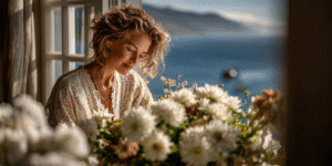 Femme élégante assise près d’une fenêtre, vue sur la mer à Coti-Chiavari, entourée de fleurs blanches.