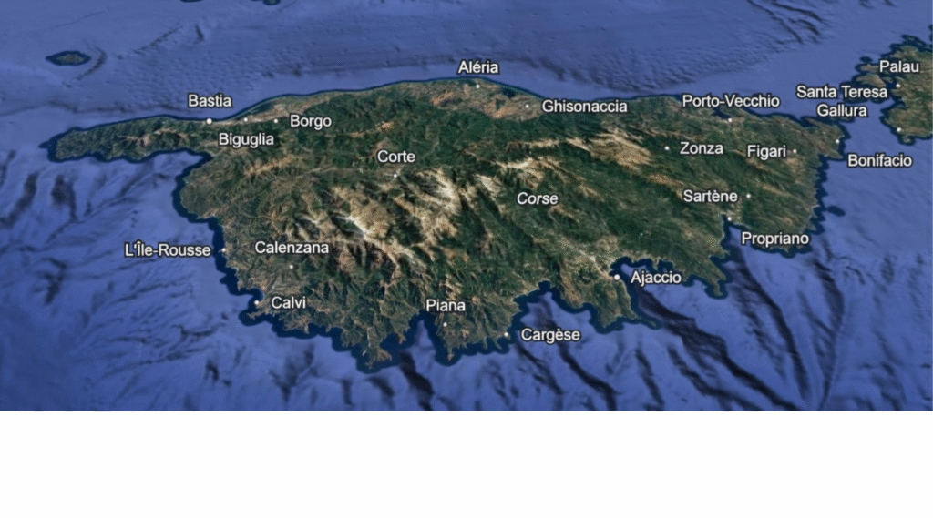 Carte satellite de la Corse avec villes principales, vue pour investir en Corse, 2025.