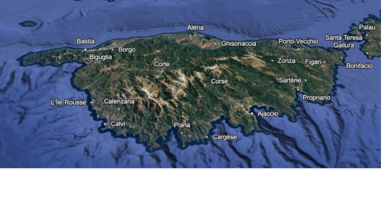 Carte satellite de la Corse avec villes principales, vue pour investir en Corse, 2025.
