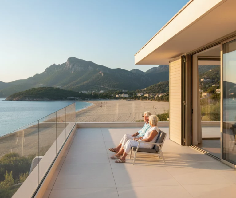 Deux seniors assis sur la terrasse d’un appartement moderne, surplombant une plage avec vue sur montagnes, illustrant le viager libre.