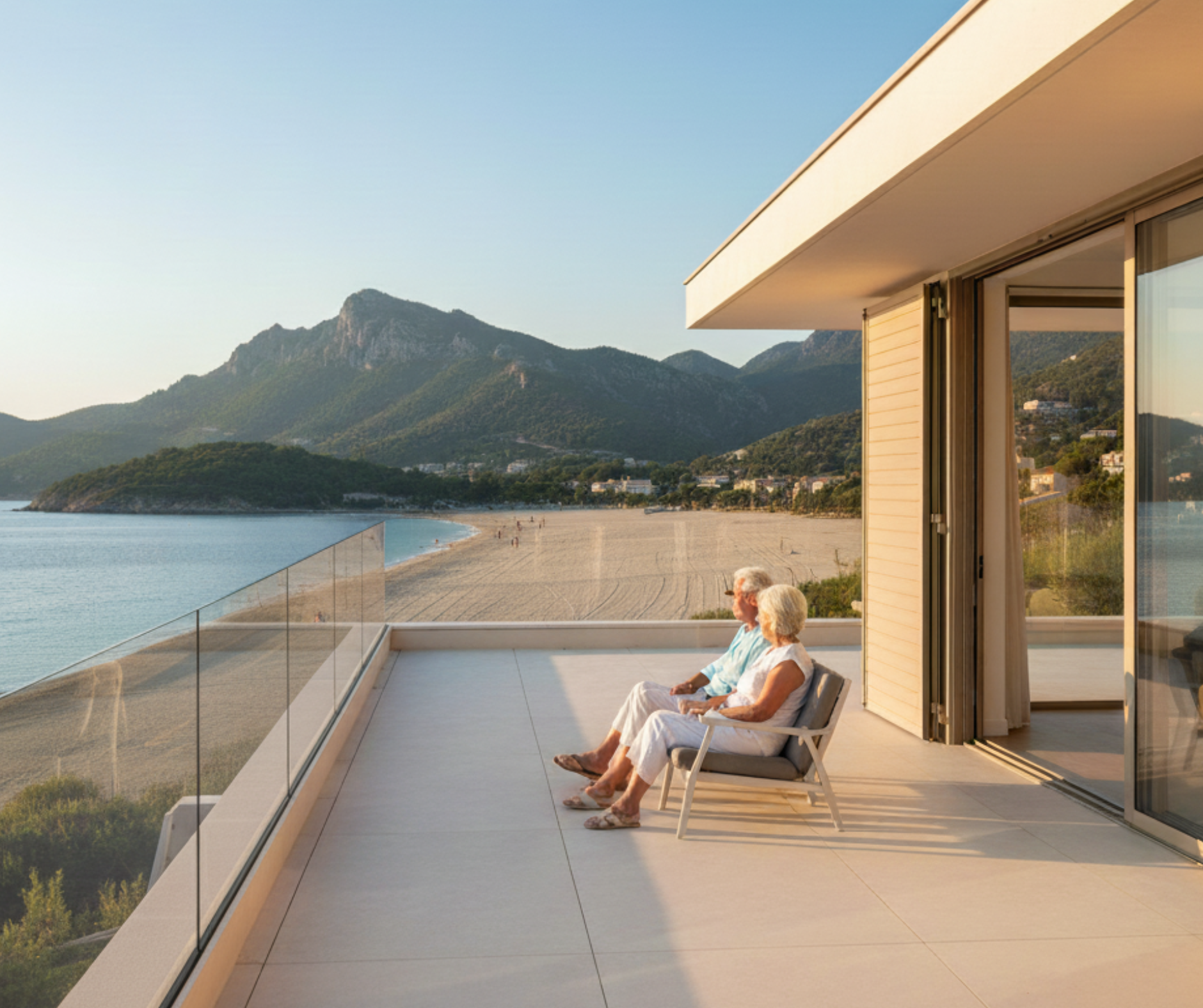 Deux seniors assis sur la terrasse d’un appartement moderne, surplombant une plage avec vue sur montagnes, illustrant le viager libre.