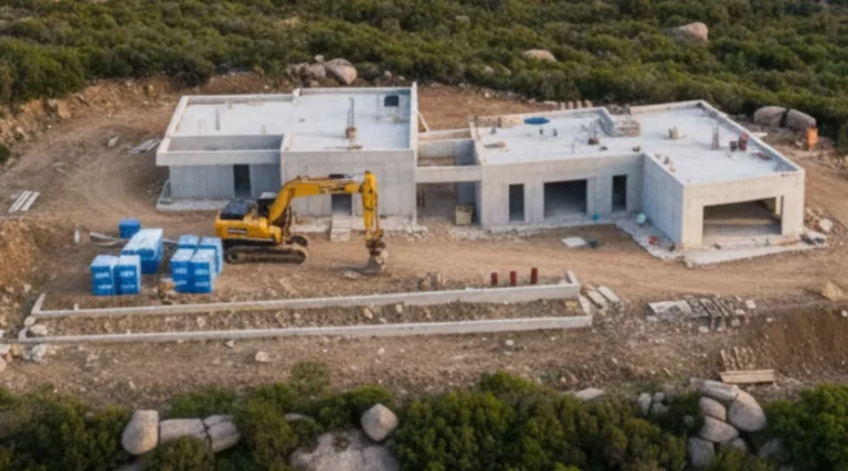 Vue aérienne d’une maison individuelle contemporaine en construction en Corse, structure en béton avec pelleteuse sur terrain naturel entouré de maquis.