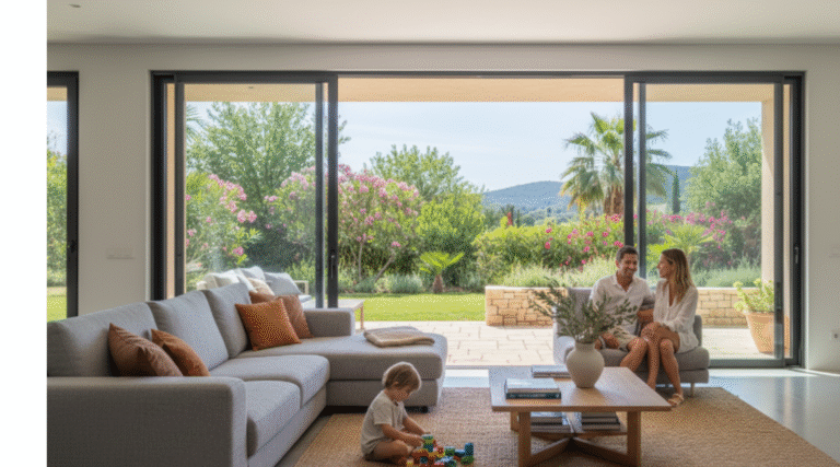 Intérieur moderne d’une maison récente à Sarrola-Carcopino, famille profitant d’un salon lumineux ouvert sur un jardin méditerranéen.
