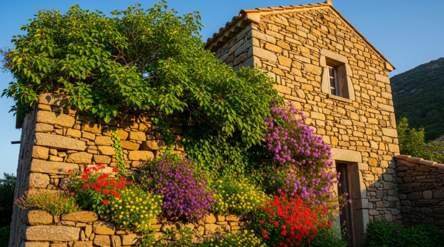 Maison traditionnelle en pierre à Alata avec une floraison colorée et une lumière dorée en fin de journée.