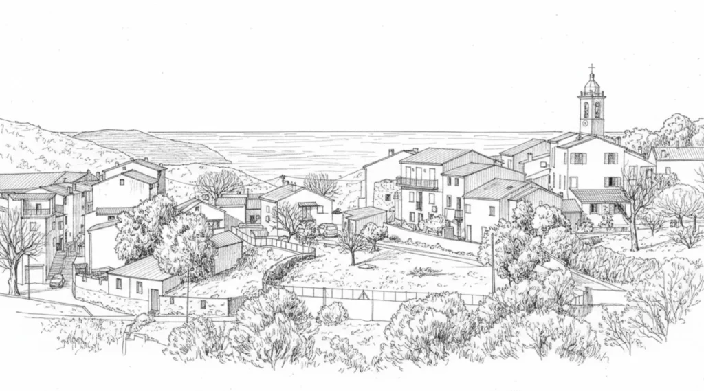 Village d’Appietto en Corse-du-Sud avec vue sur la mer, illustration détaillée représentant l’architecture et le paysage local.
