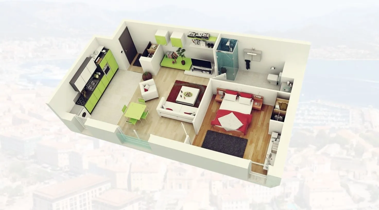 Plan 3D d’un appartement T2 moderne avec séjour, cuisine ouverte, chambre et salle d’eau, présenté en vue isométrique avec arrière-plan urbain et portuaire.