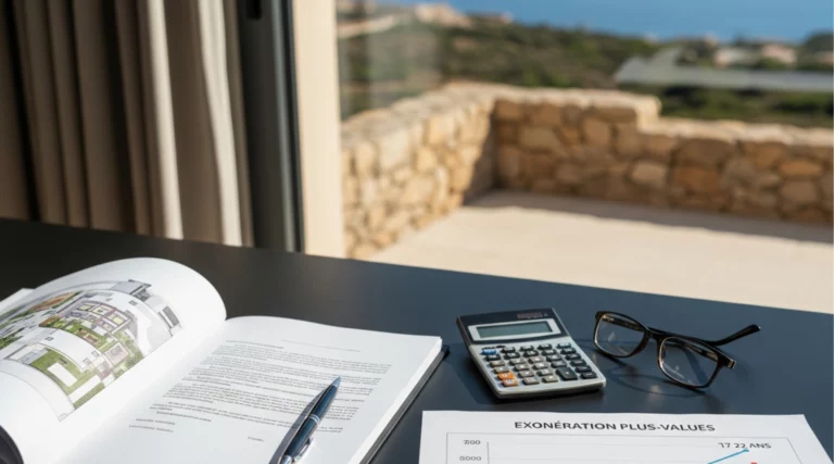 Bureau avec documents immobiliers, graphique marqué « Exonération Plus-Values », calculatrice et lunettes, avec un paysage corse flou en arrière-plan.