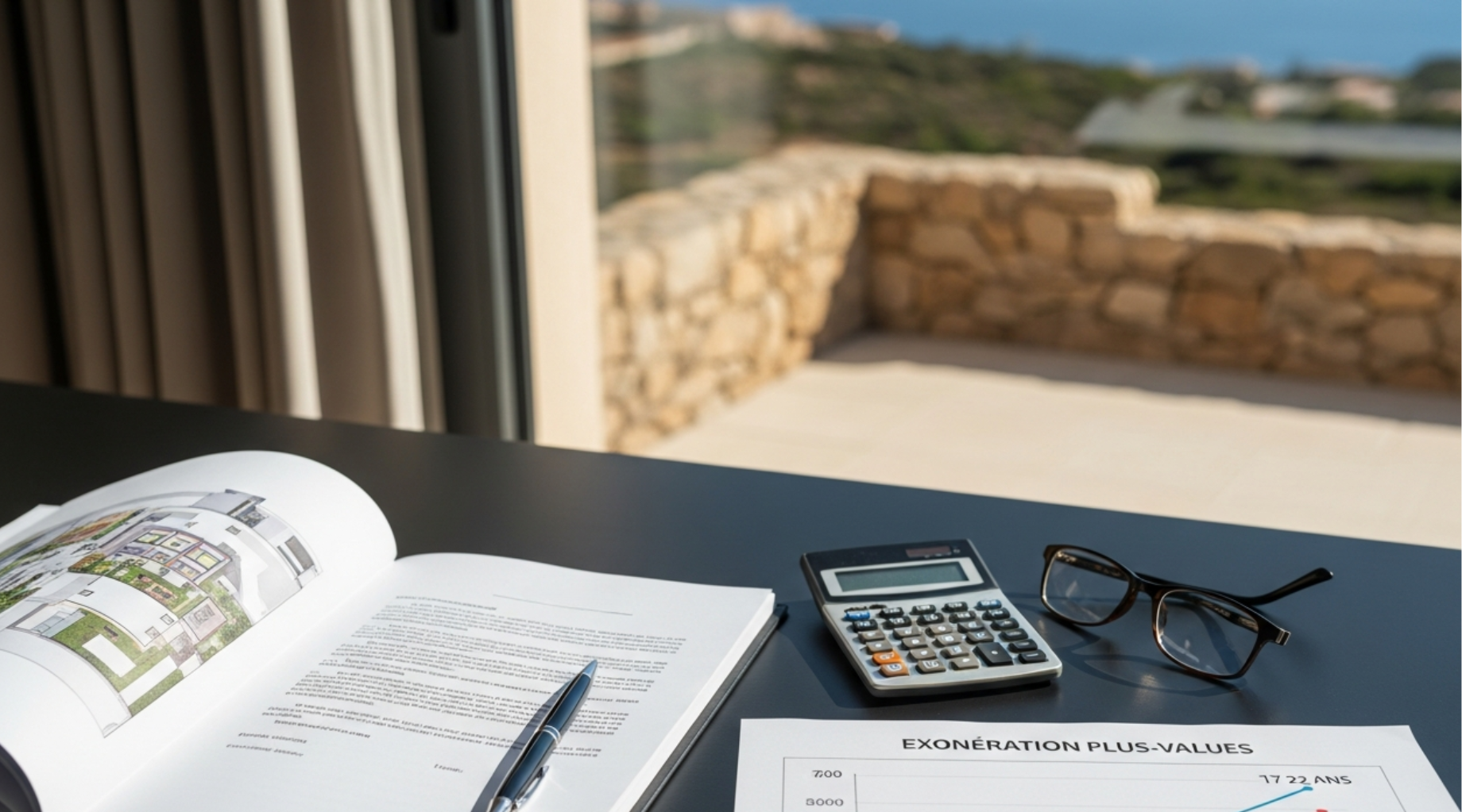 Bureau avec documents immobiliers, graphique marqué « Exonération Plus-Values », calculatrice et lunettes, avec un paysage corse flou en arrière-plan.