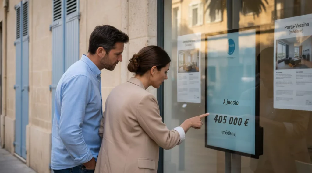 Couple devant une vitrine immobilière comparant le prix d’un T4 (90 m²) en Corse, avec focus Ajaccio et Porto-Vecchio.