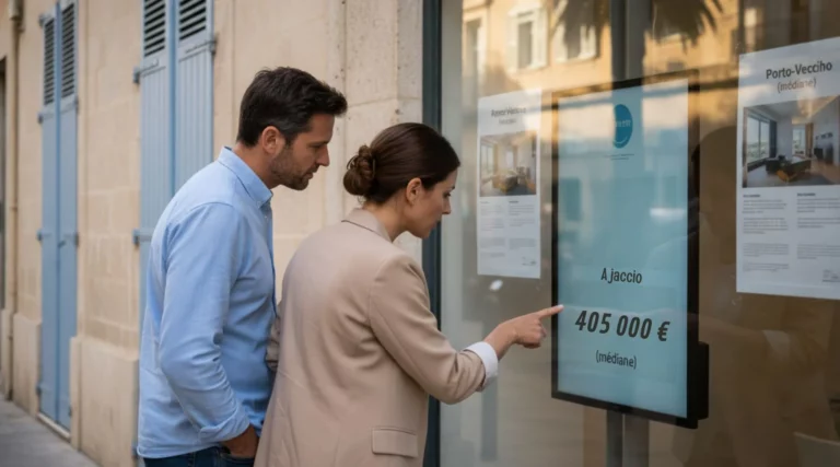 Couple devant une vitrine immobilière comparant le prix d’un T4 (90 m²) en Corse, avec focus Ajaccio et Porto-Vecchio.