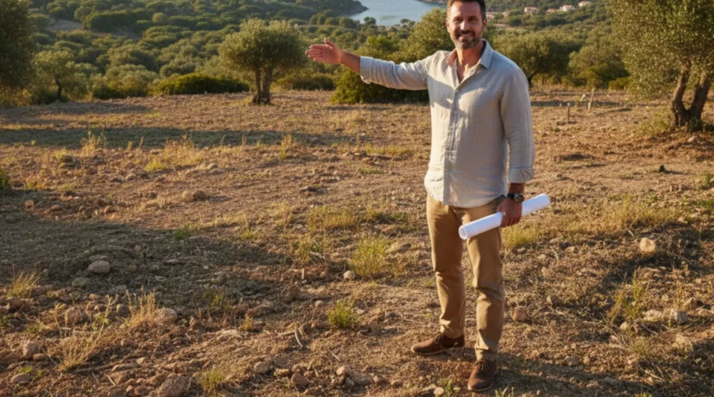 Futur propriétaire corse présentant un terrain constructible avec vue sur le maquis et la mer, au coucher du soleil.
