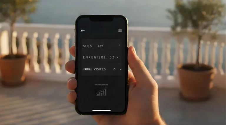 Smartphone affichant des métriques d’annonce immobilière (437 vues, 52 enregistrés, 9 visites) sur une terrasse vue mer en Corse, lumière de fin de journée.