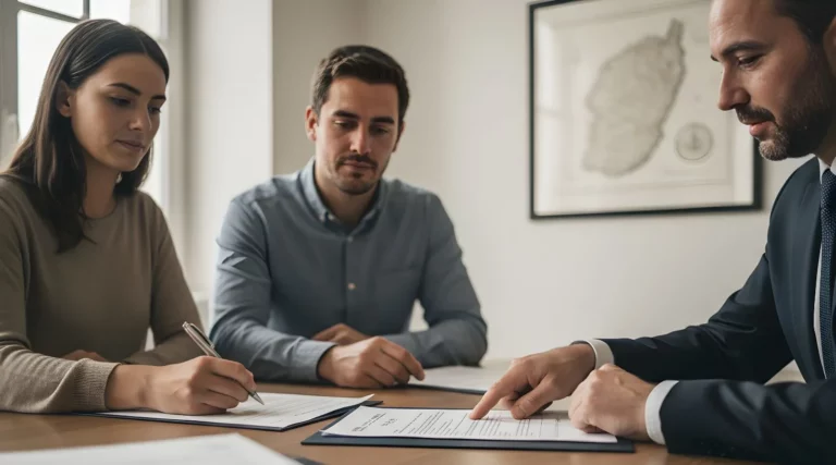 Couple de primo-accédants signant l’acte d’achat chez un notaire en Corse, documents de vente sur la table.