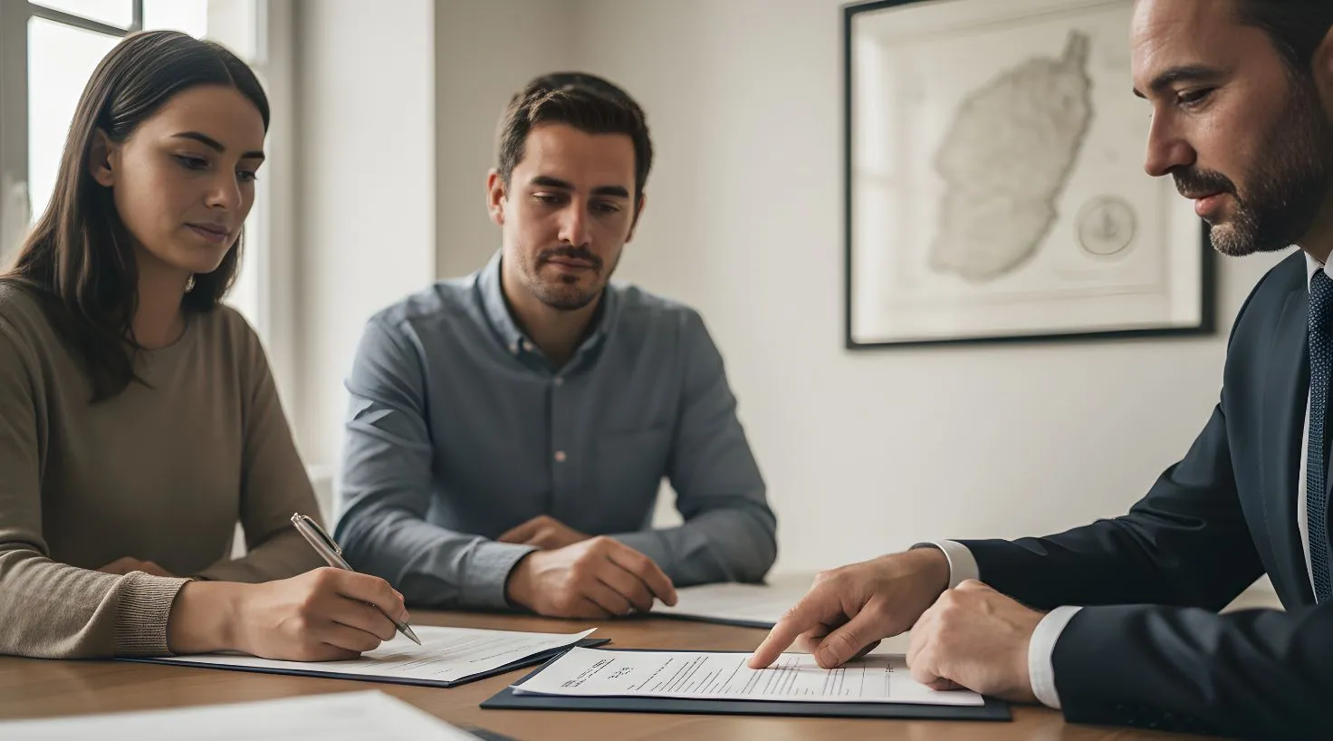 Couple de primo-accédants signant l’acte d’achat chez un notaire en Corse, documents de vente sur la table.