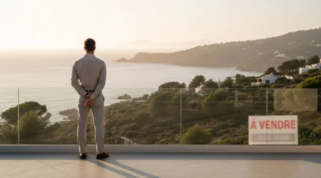 Propriétaire sur une terrasse avec vue mer en Corse, panneau « À vendre » flouté, illustrant vendre maintenant ou attendre 2026.