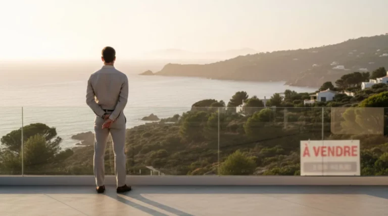 Propriétaire sur une terrasse avec vue mer en Corse, panneau « À vendre » flouté, illustrant vendre maintenant ou attendre 2026.