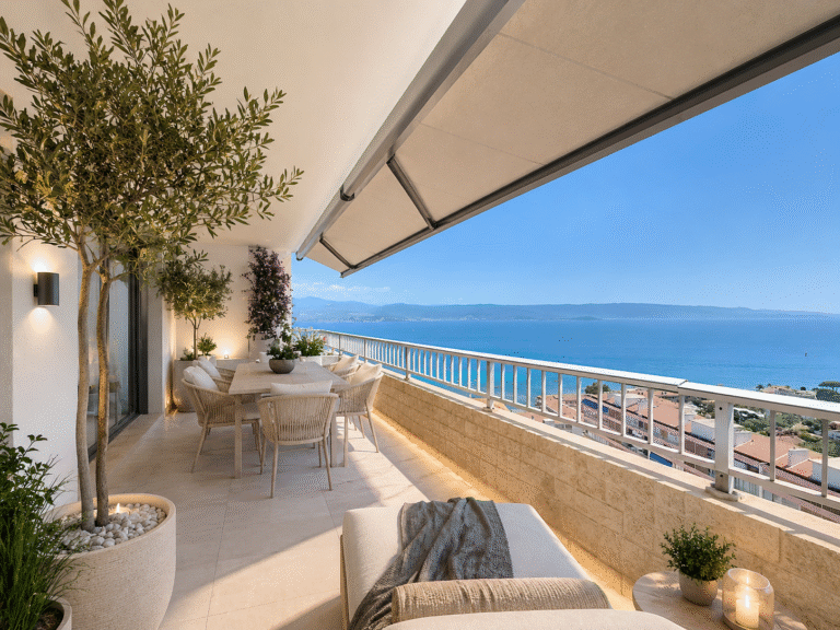 Grande terrasse avec vue panoramique sur le golfe d'Ajaccio, appartement grand confort au Parc Berthault — olivier, salon extérieur et store banne.