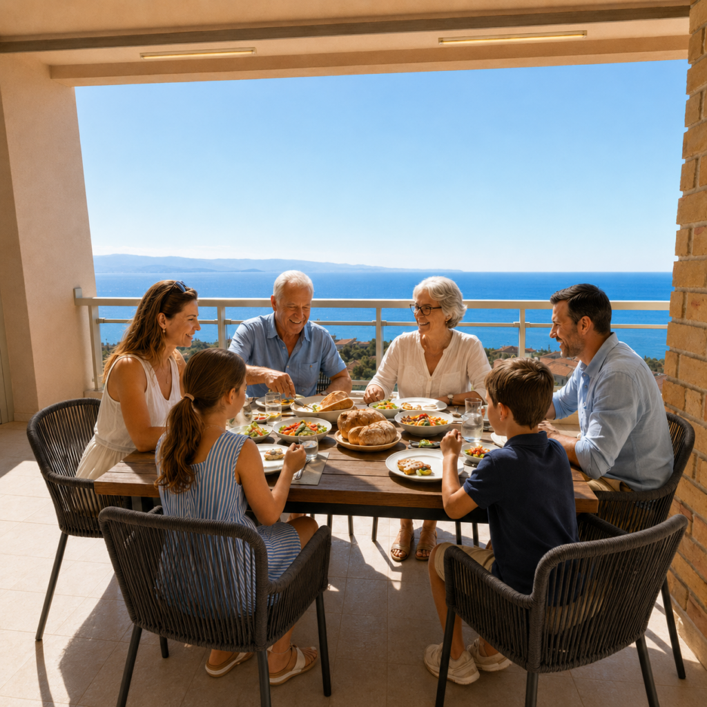 Famille de six personnes déjeunant sur la terrasse d’un appartement T4 à Barbicaja, avec vue sur la mer à Ajaccio.