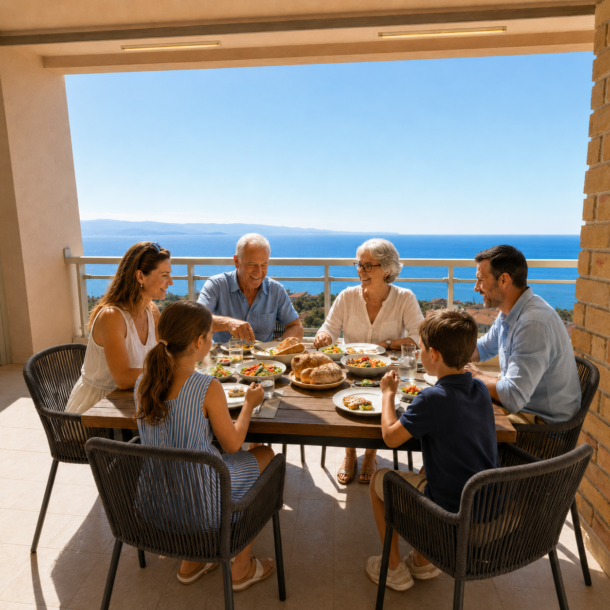 Famille de six personnes déjeunant sur la terrasse d’un appartement T4 à Barbicaja, avec vue sur la mer à Ajaccio.