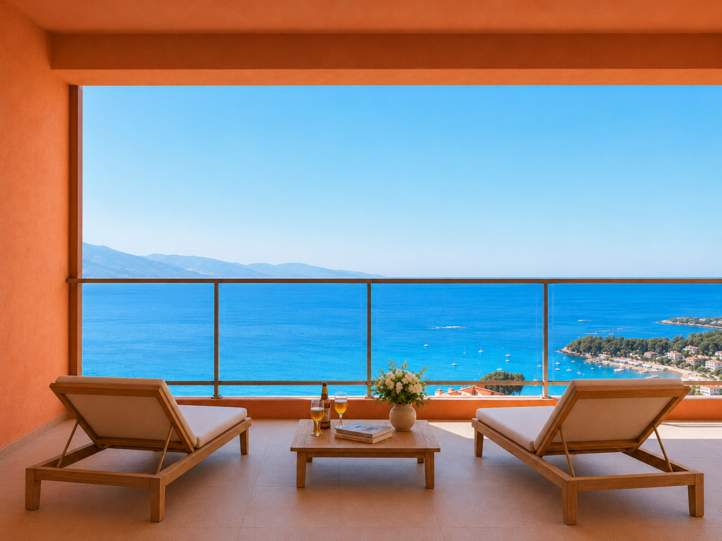 Terrasse avec deux chaises longues face à la mer dans le quartier de Barbicaja à Ajaccio